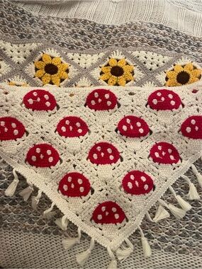 2 Handmade Crochet Headscarf’s with Red Mushroom Accents and Yellow Sunflowers